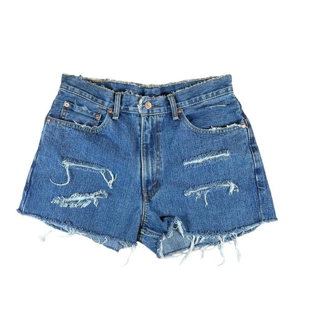 Levi’s 550 Medium Blue Heavily Distressed Denim Cut off Shorts